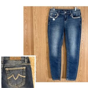 Miss Me Hailey Blue Skinny Jeans with Tan Embroidery Pockets